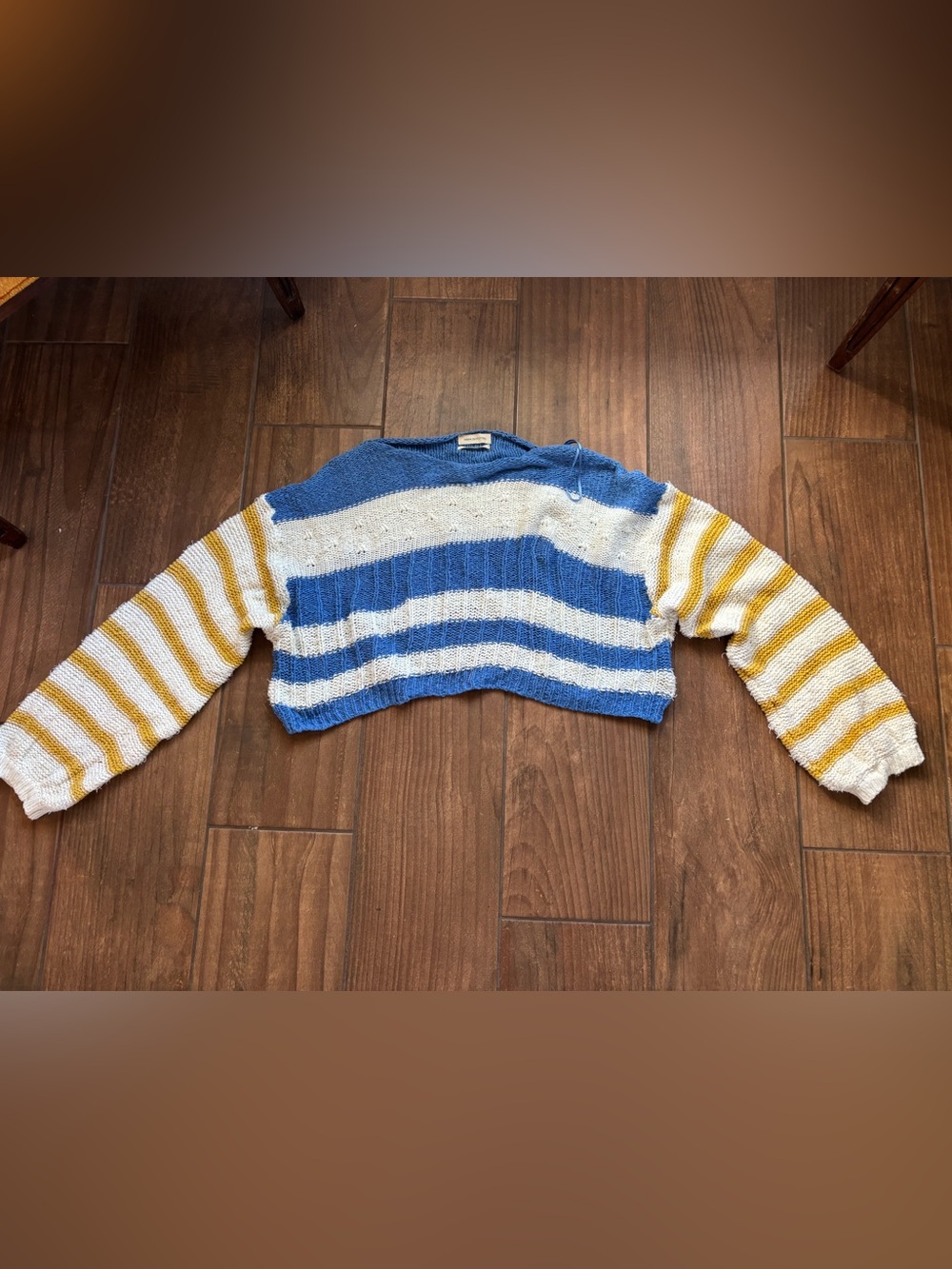 Urban Outfitters Striped Distressed Knit Cropped Sweater Blue Yellow Cream L/G